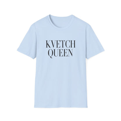 Light blue t-shirt with 'KVETCH QUEEN' text on a white background