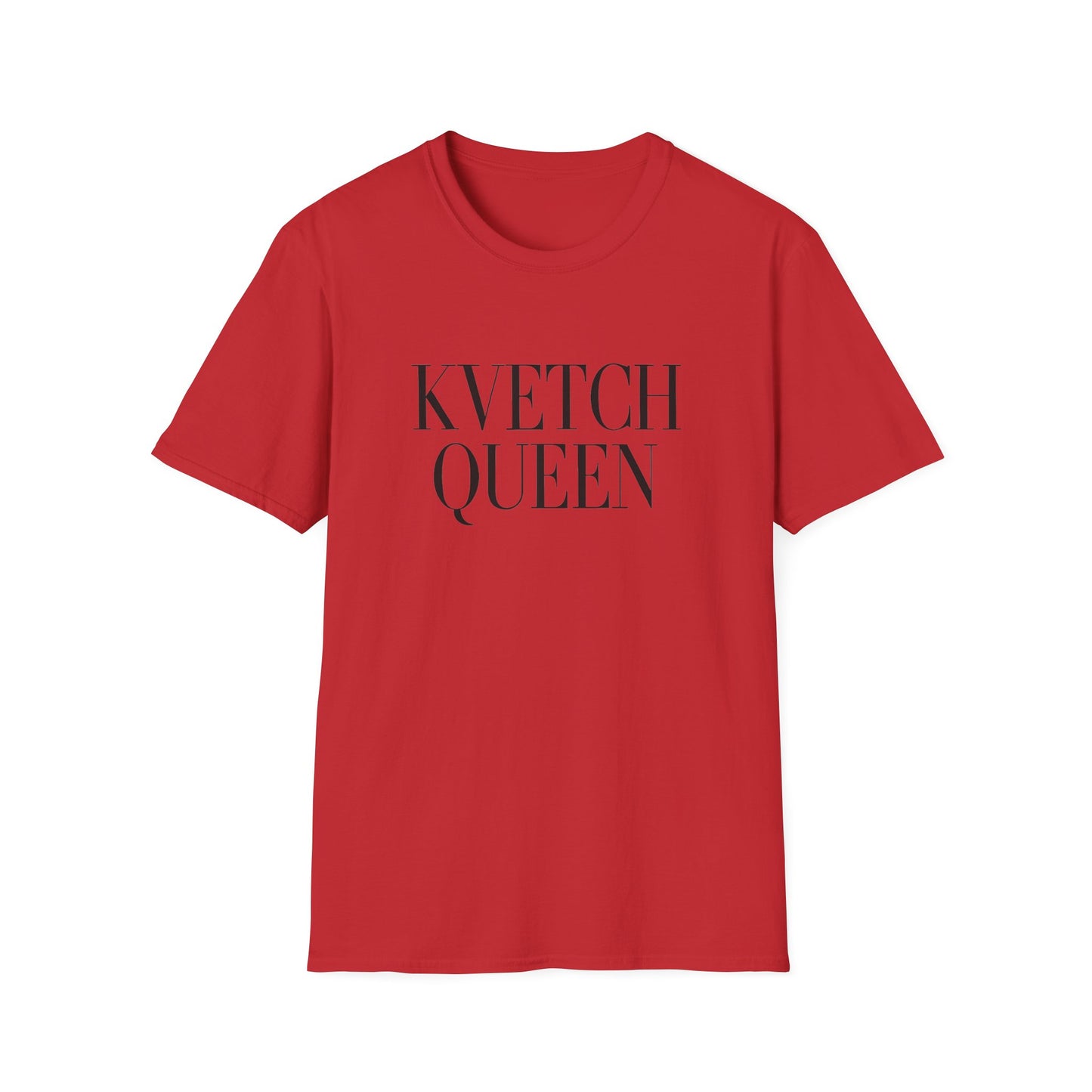 Red t-shirt with 'KVETCH QUEEN' text on a white background