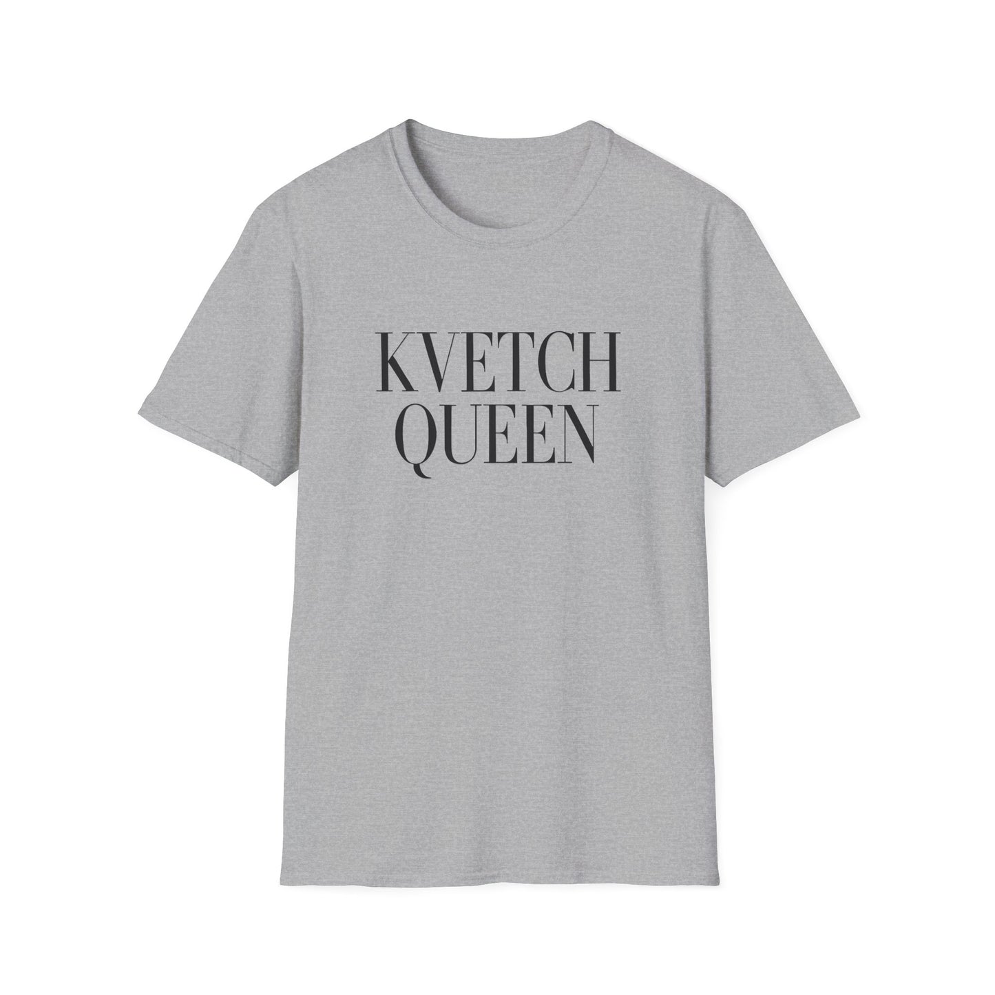 Gray t-shirt with 'KVETCH QUEEN' text on a white background