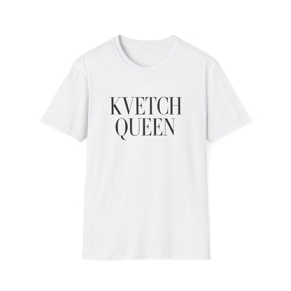 White t-shirt with 'KVETCH QUEEN' text on a white background