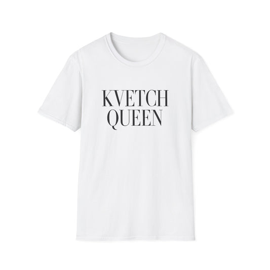 White t-shirt with 'KVETCH QUEEN' text on a white background