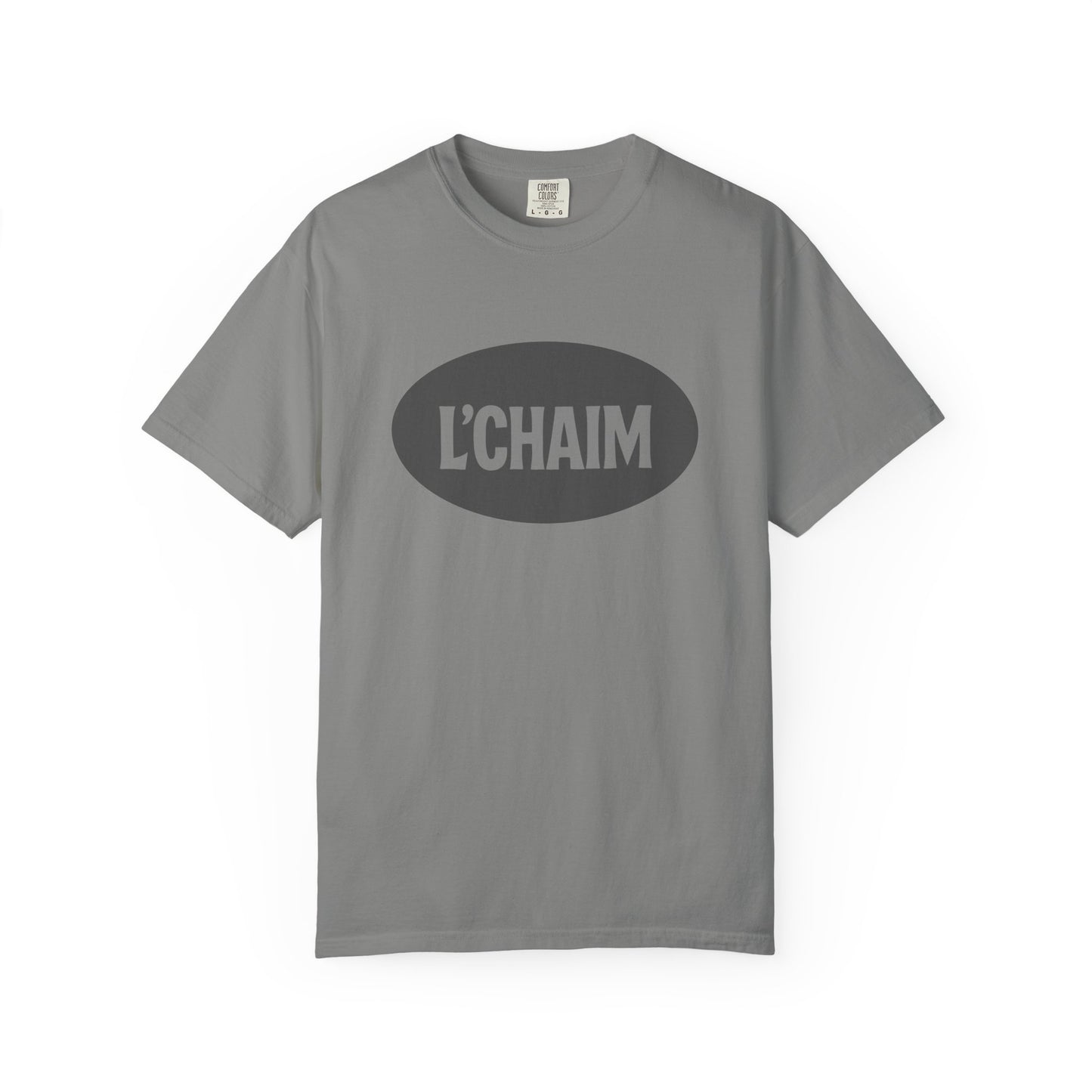Gray t-shirt with 'L'CHAIM' text on a white background