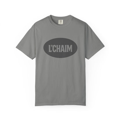 Gray t-shirt with 'L'CHAIM' text on a white background