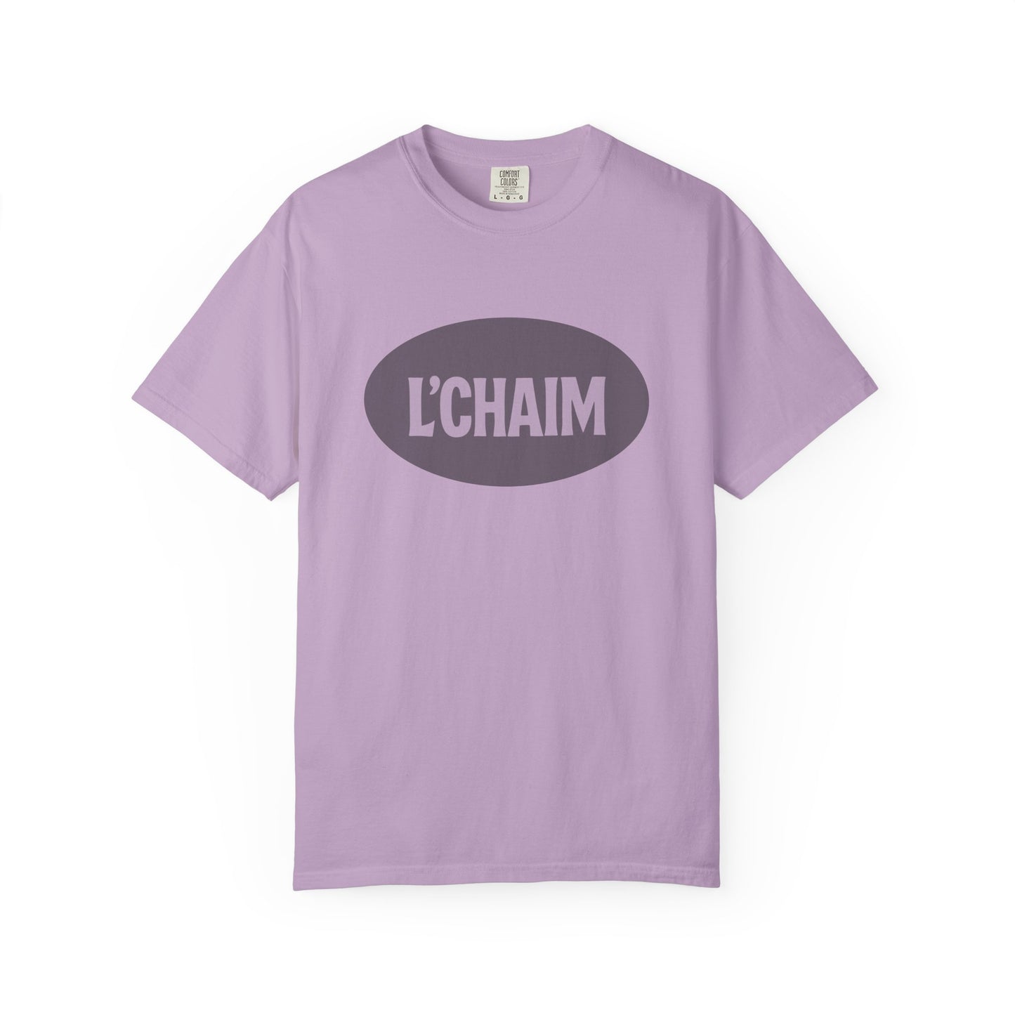 Lavender t-shirt with 'L'CHAIM' text on a white background