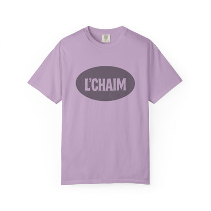 Lavender t-shirt with 'L'CHAIM' text on a white background