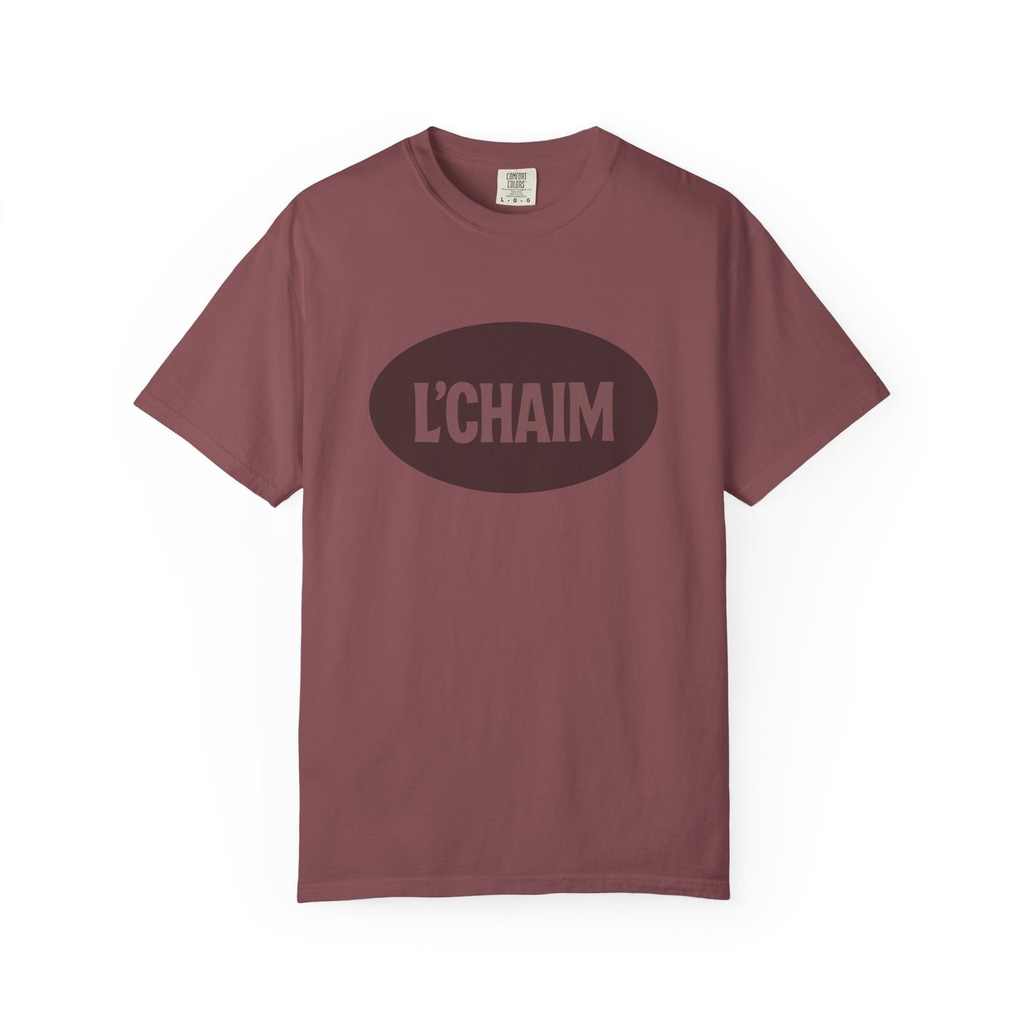 Maroon t-shirt with 'L'CHAIM' text on a white background