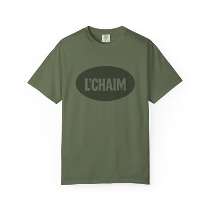 Green t-shirt with 'L'CHAIM' text on a white background
