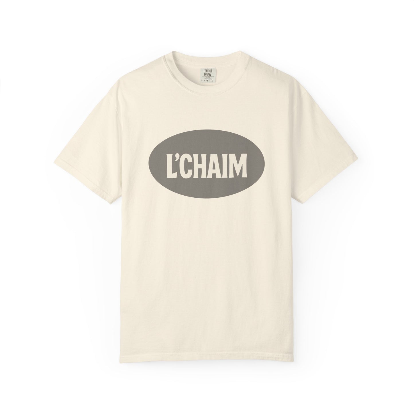 Beige t-shirt with 'L'CHAIM' text on a white background