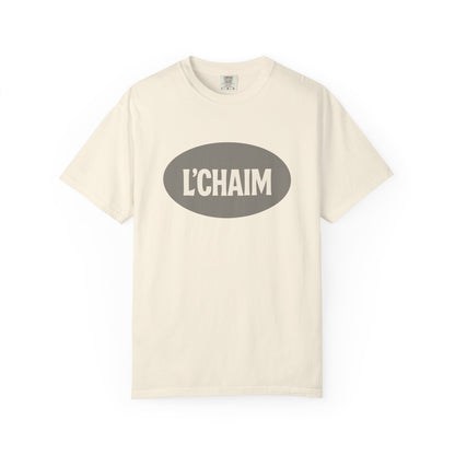 Beige t-shirt with 'L'CHAIM' text on a white background