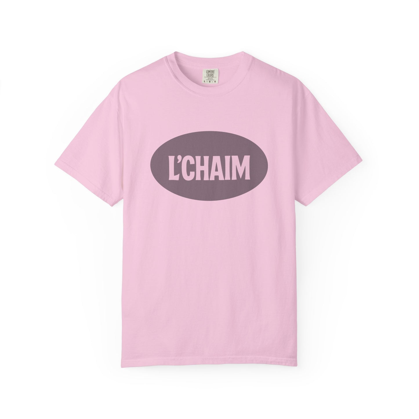 Pink t-shirt with 'L'CHAIM' text on a white background