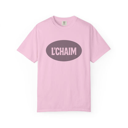 Pink t-shirt with 'L'CHAIM' text on a white background