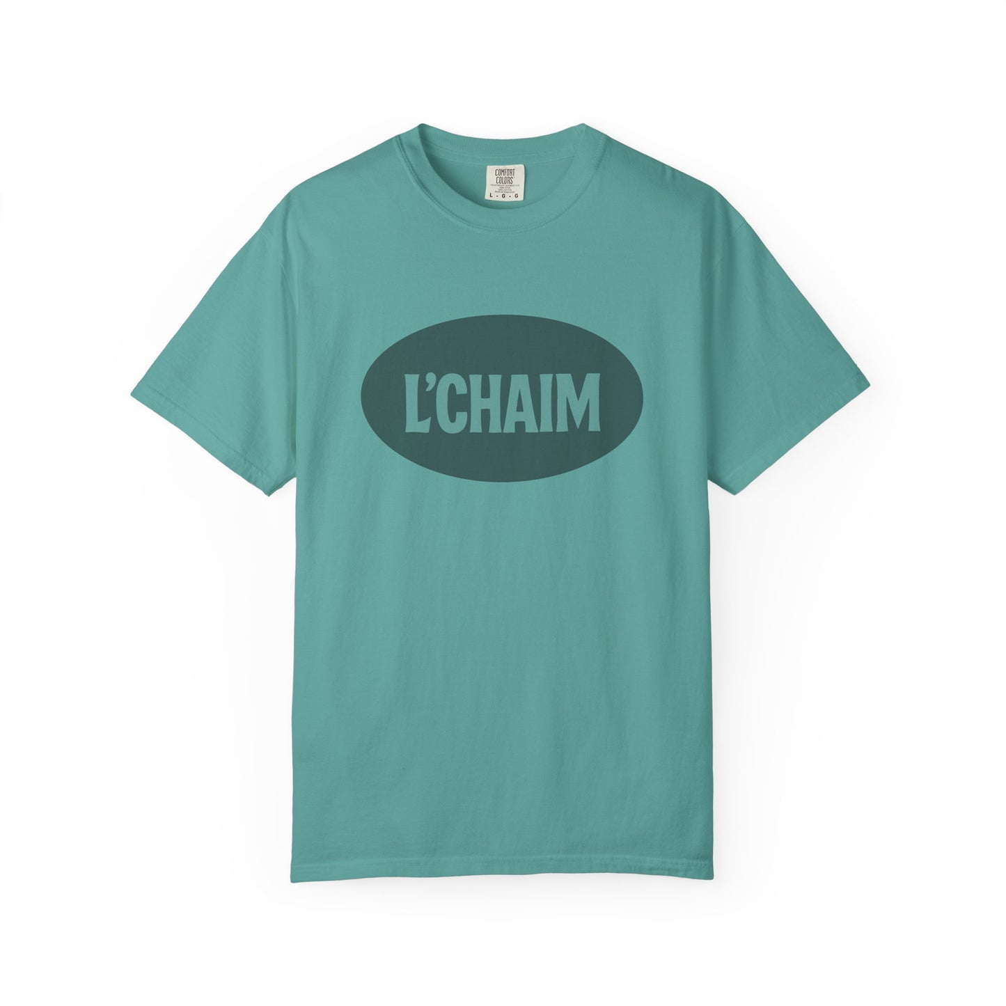Teal t-shirt with 'L'CHAIM' text on a white background