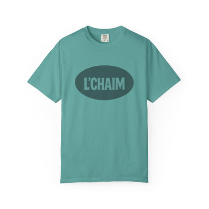 Teal t-shirt with 'L'CHAIM' text on a white background