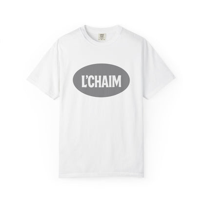 White t-shirt with a gray oval design featuring 'L'CHAIM' text on a white background