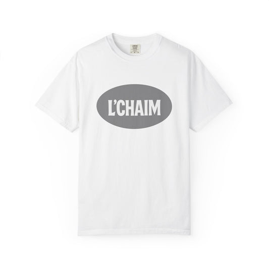 White t-shirt with a gray oval design featuring 'L'CHAIM' text on a white background