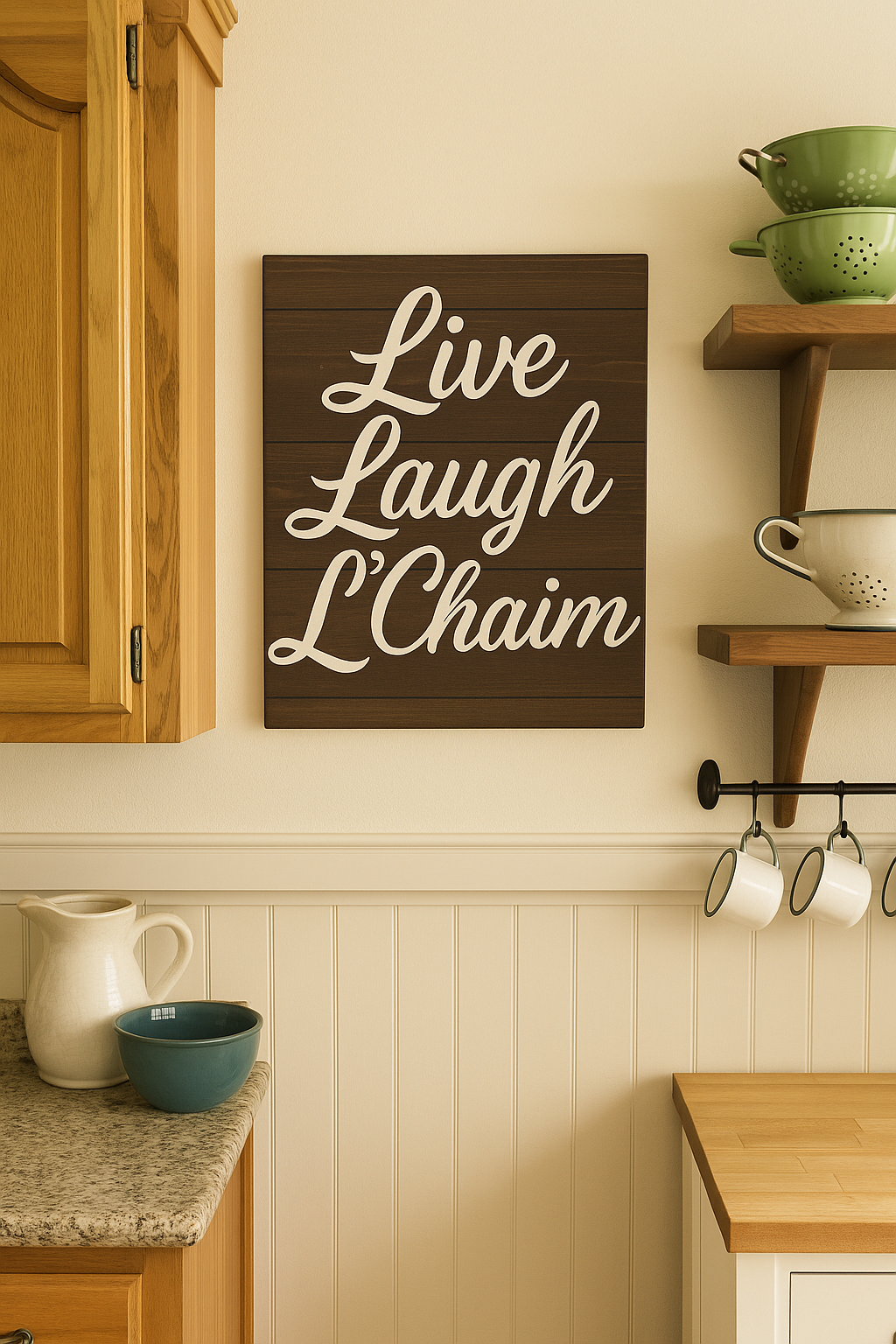 Kitchen wall with a 'Live Laugh L'Chaim' print, wooden shelves, and kitchenware.