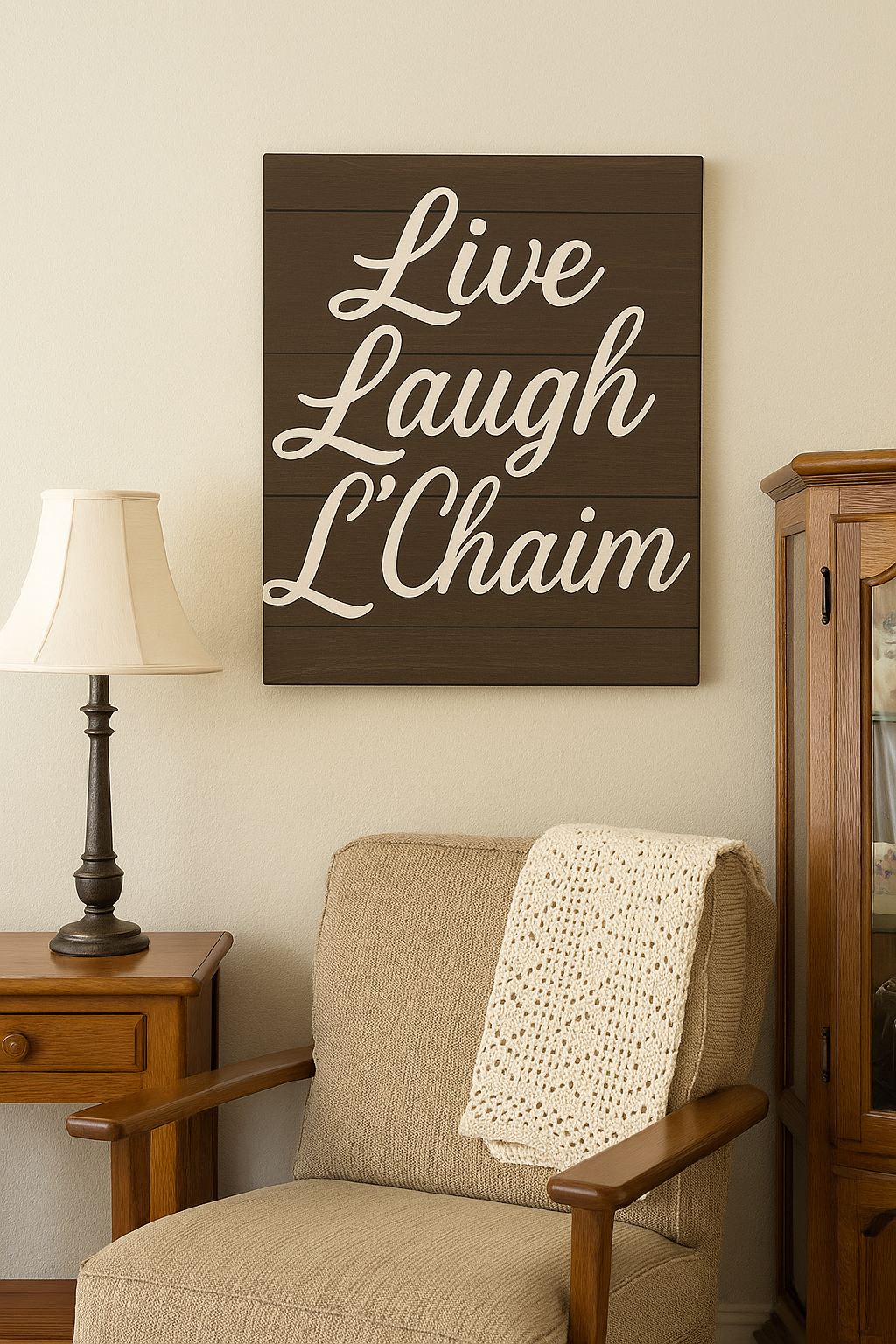 Wooden wall art with 'Live Laugh L'Chaim' text in a living room setting.