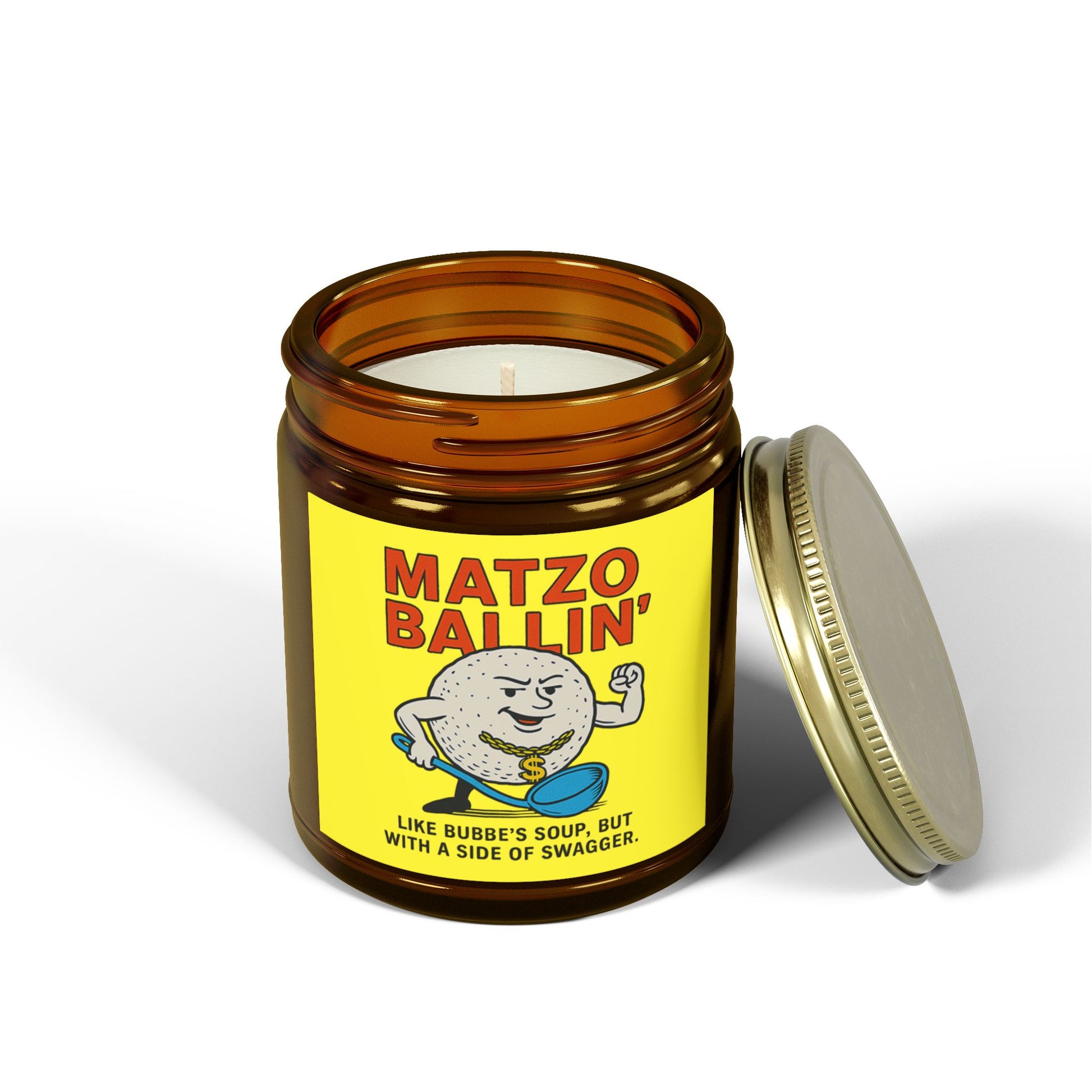 Jar candle with 'Matzo, Ballin' label on a white background