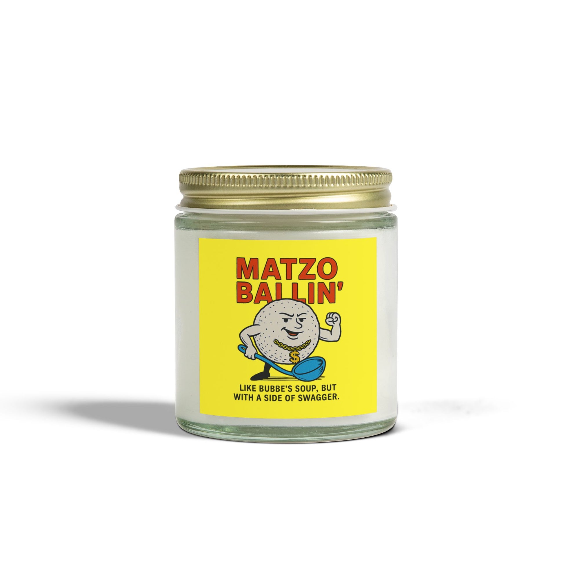 Candle jar with a yellow label featuring a cartoon character and text on a white background