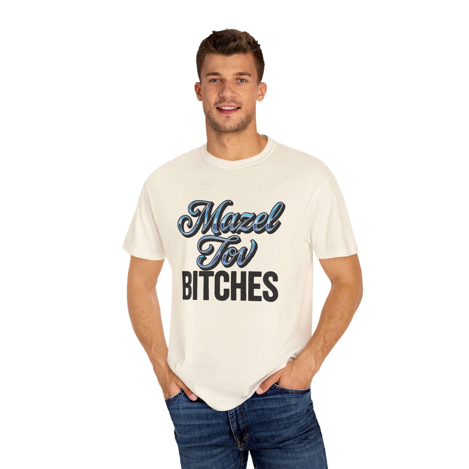 Man wearing a white t-shirt with text, standing against a white background