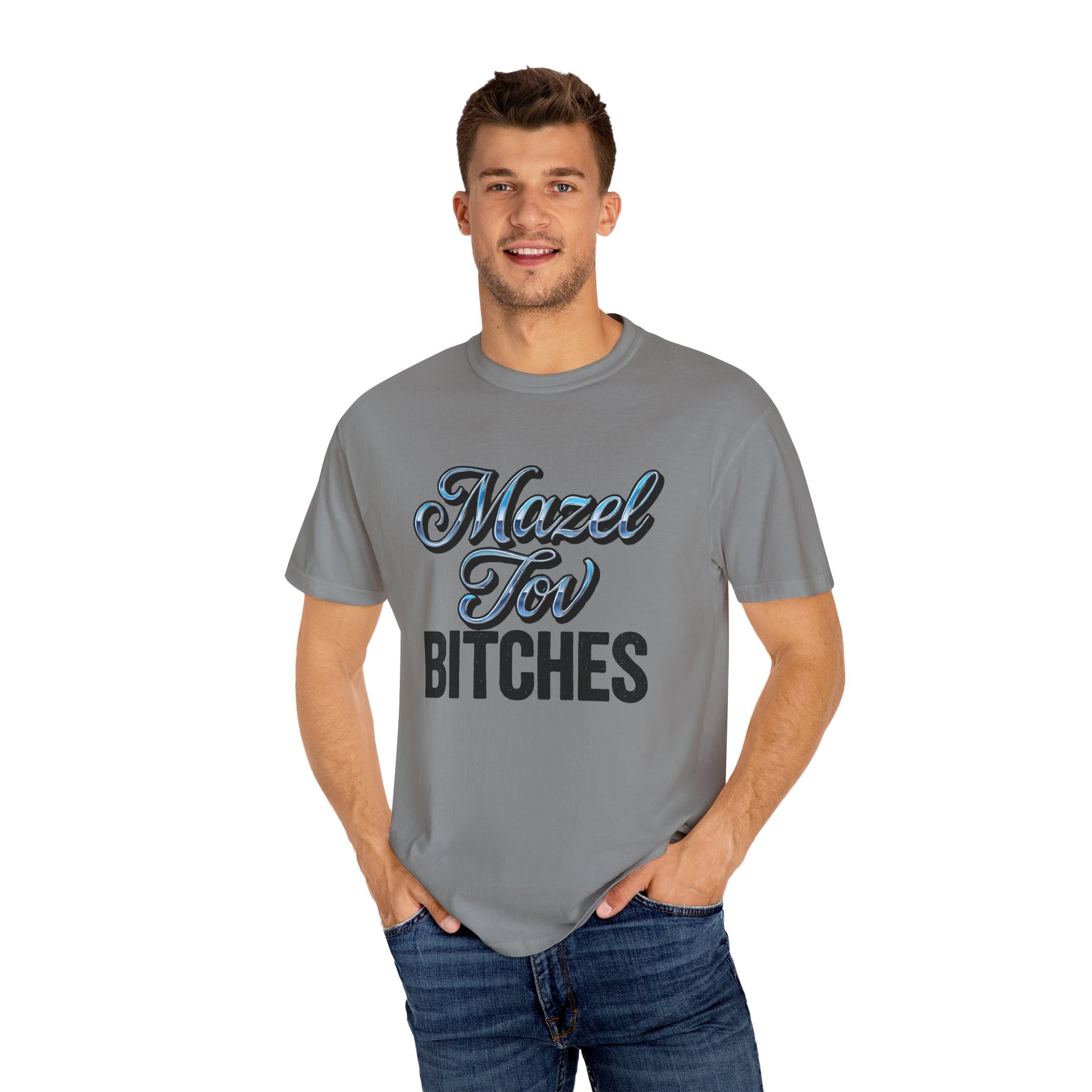 Man wearing a gray t-shirt with text on a white background