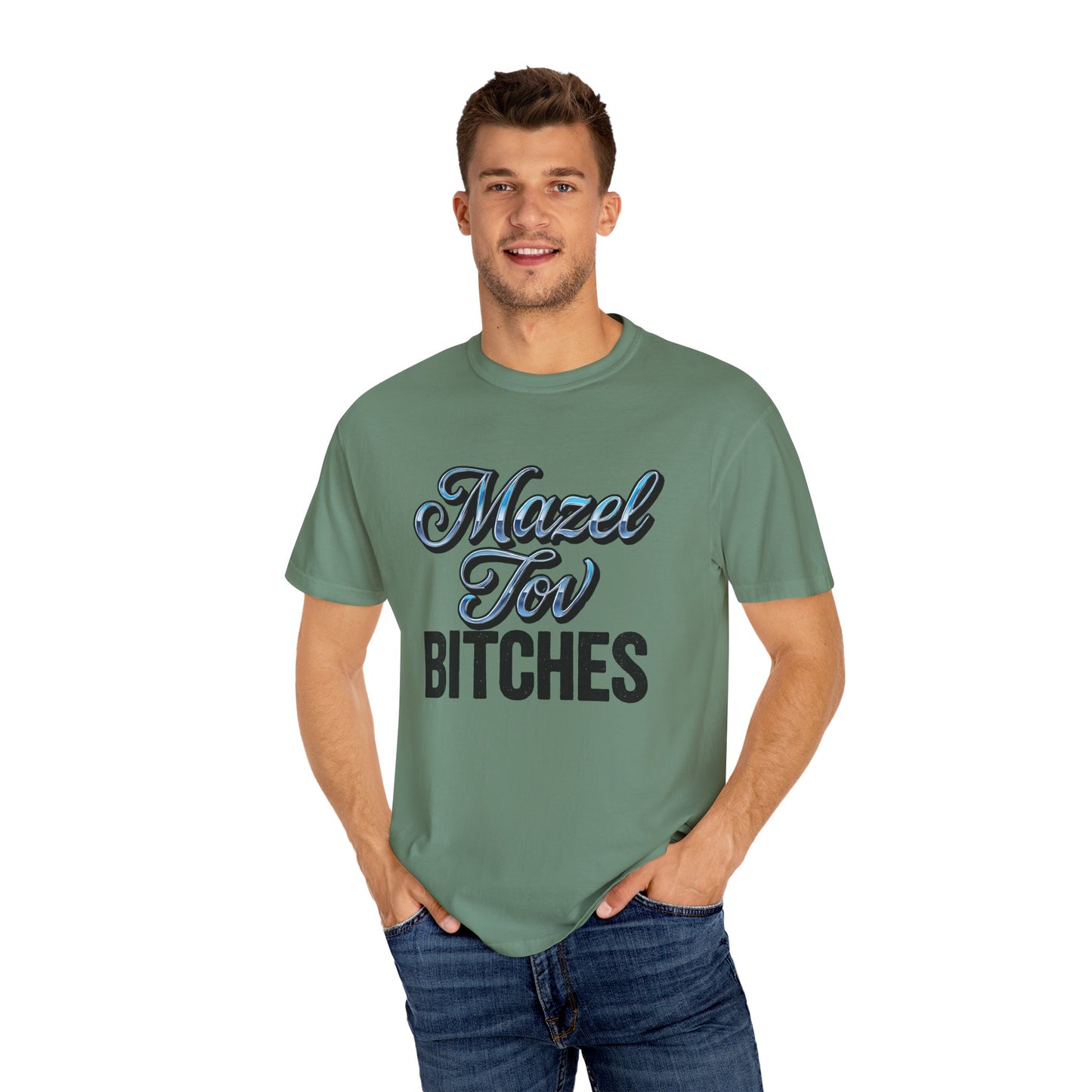 Man wearing a green t-shirt with text on a white background