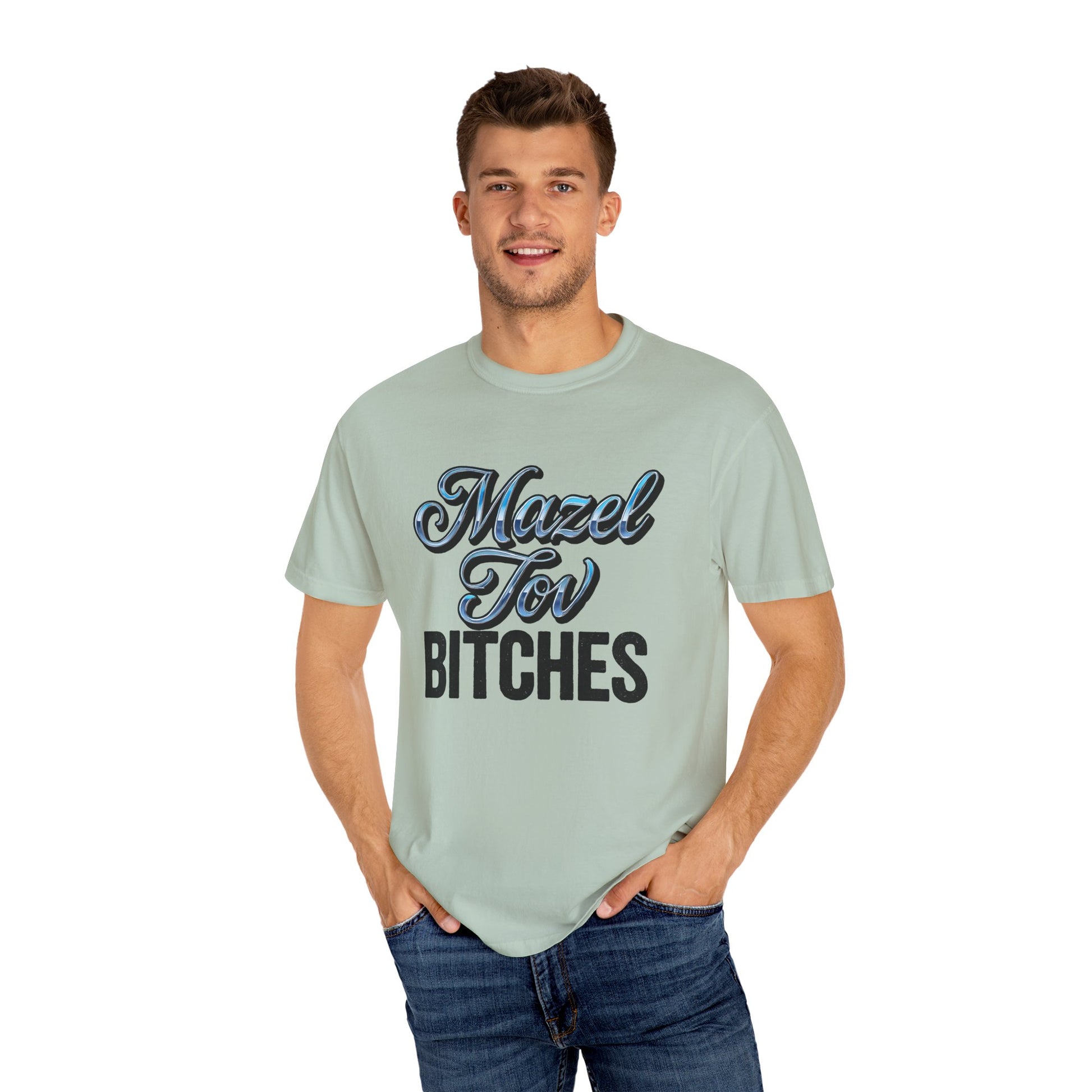 Man wearing a light green t-shirt with text on a white background
