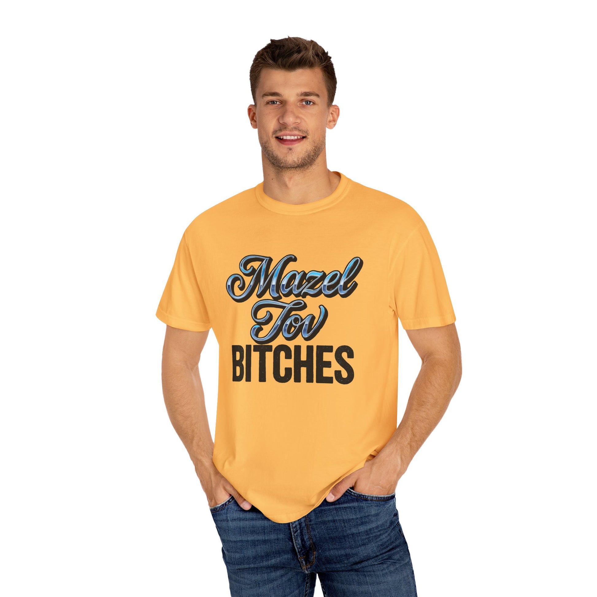 Man wearing a yellow t-shirt with text on a white background