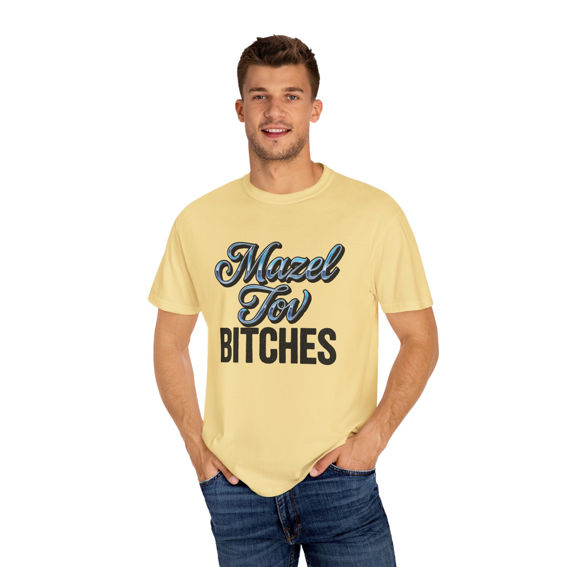 Man wearing a yellow t-shirt with text on a white background