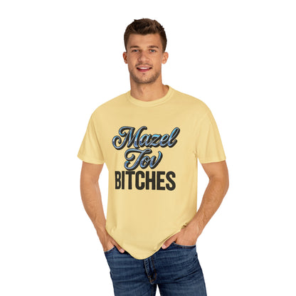 Man wearing a yellow t-shirt with text on a white background