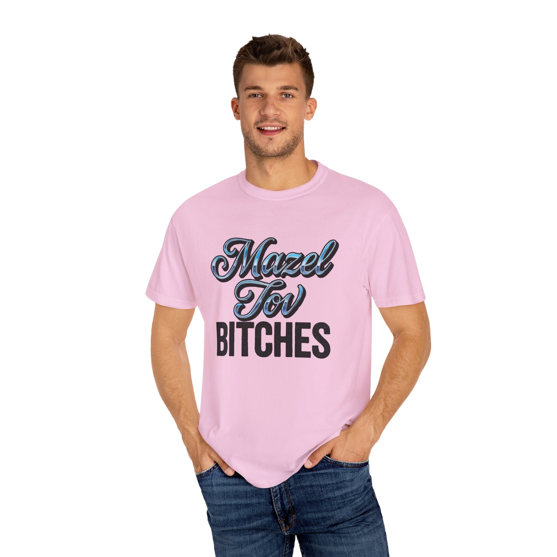 Man wearing a pink t-shirt with text, standing against a white background