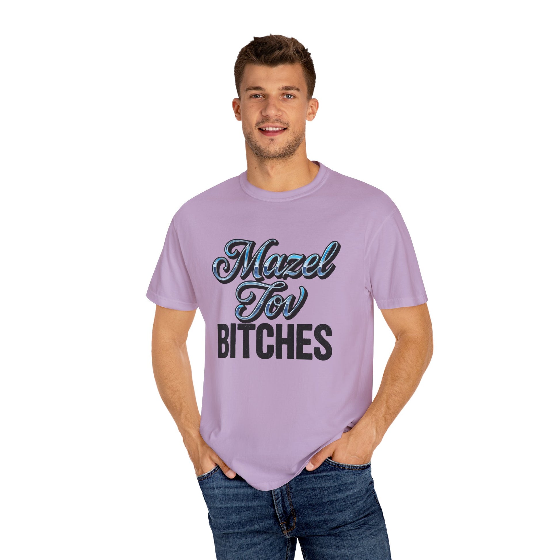 Man wearing a purple t-shirt with text on a white background