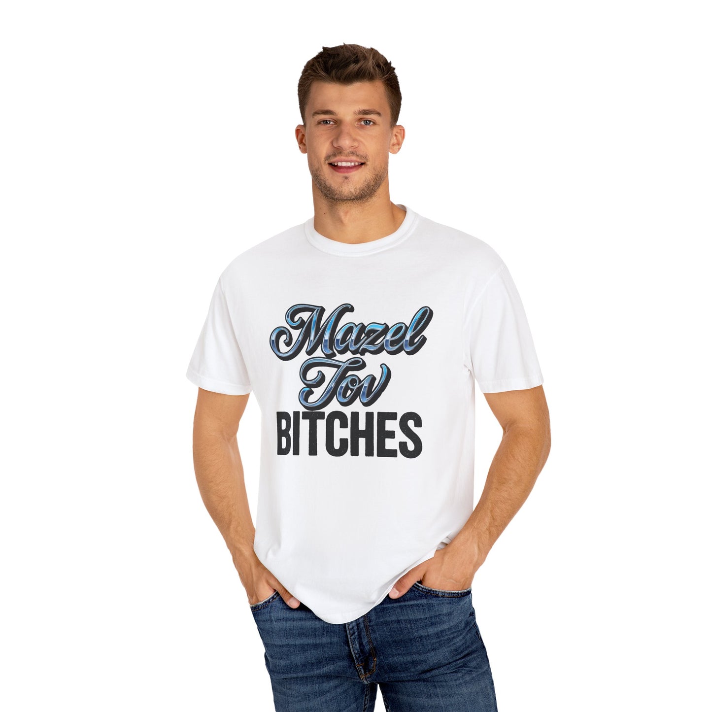 Man wearing a white t-shirt with text on a white background
