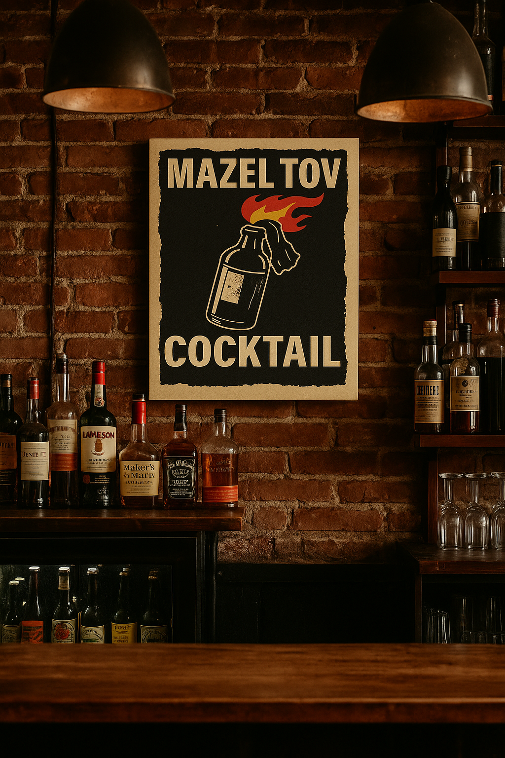 Bar setting with a 'Mazel Tov Cocktail' print on a brick wall.