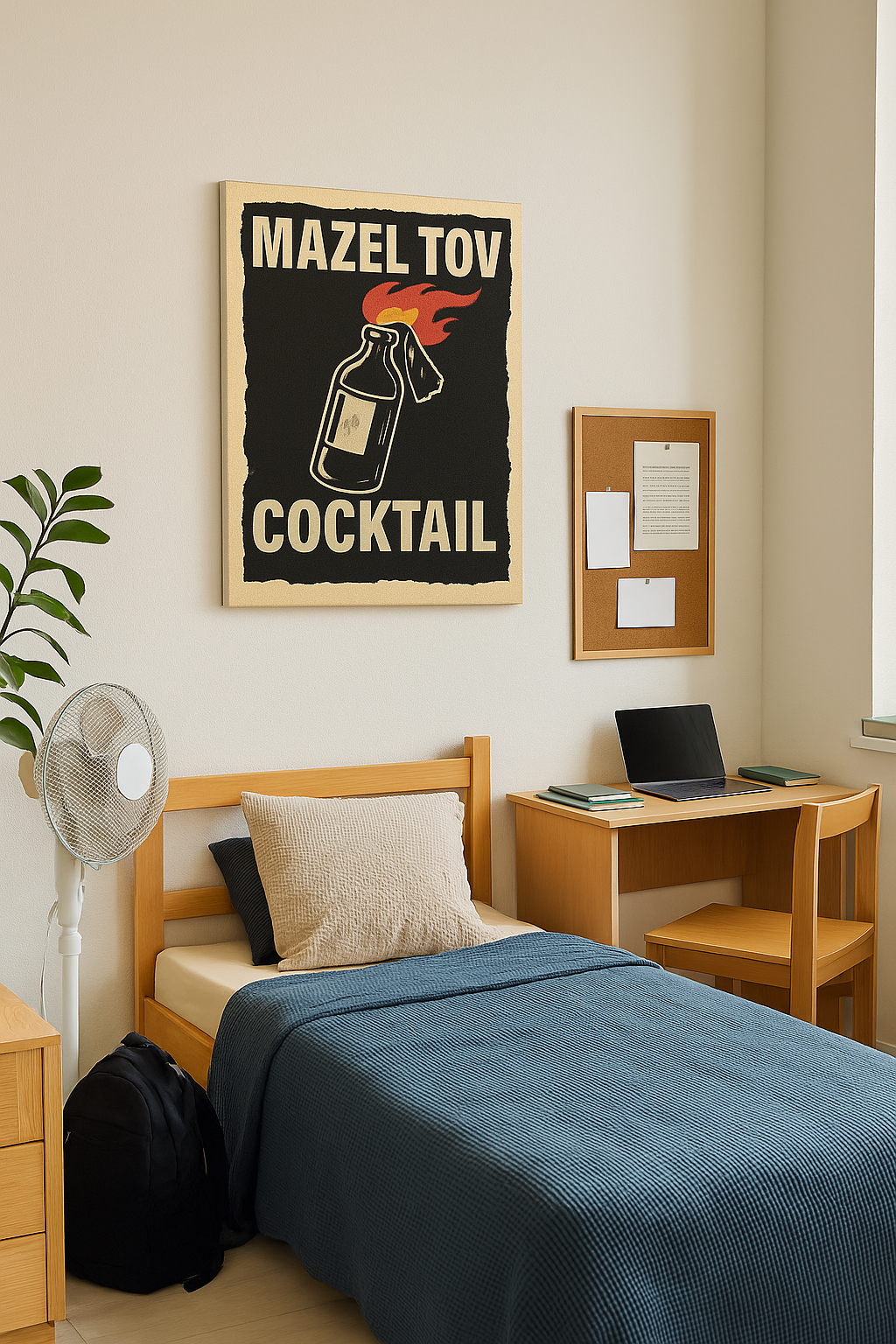 Room interior with a bed, desk, and a 'mazel tov cocktail' print in a home setting.