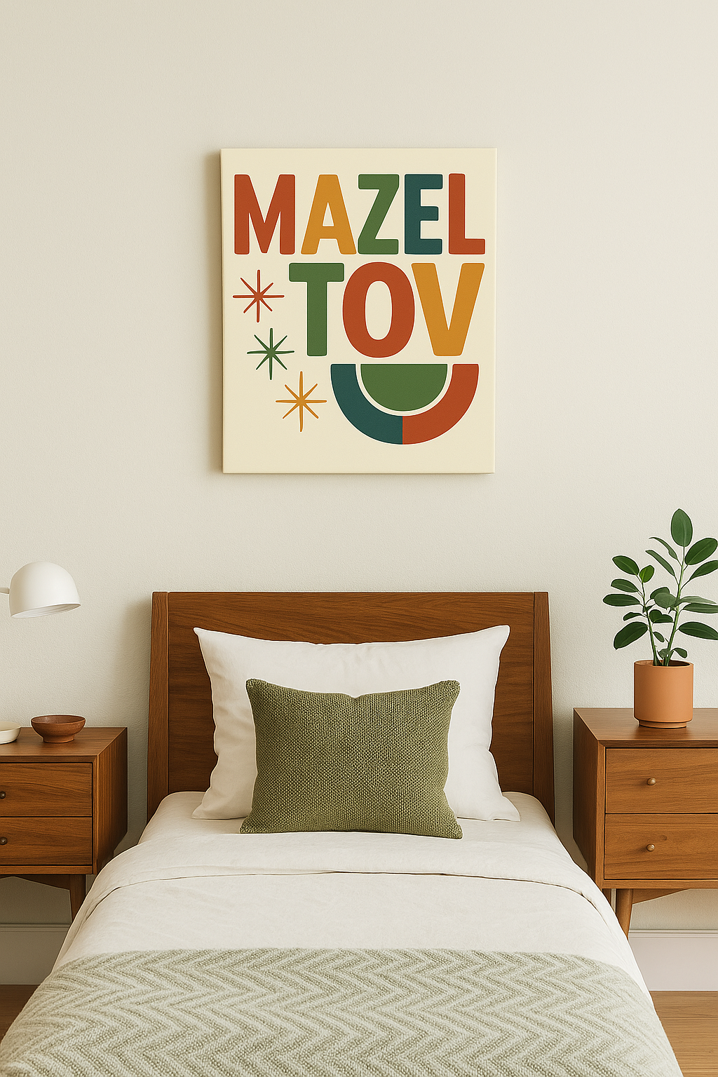 Bedroom with a 'Mazel Tov' poster on the wall