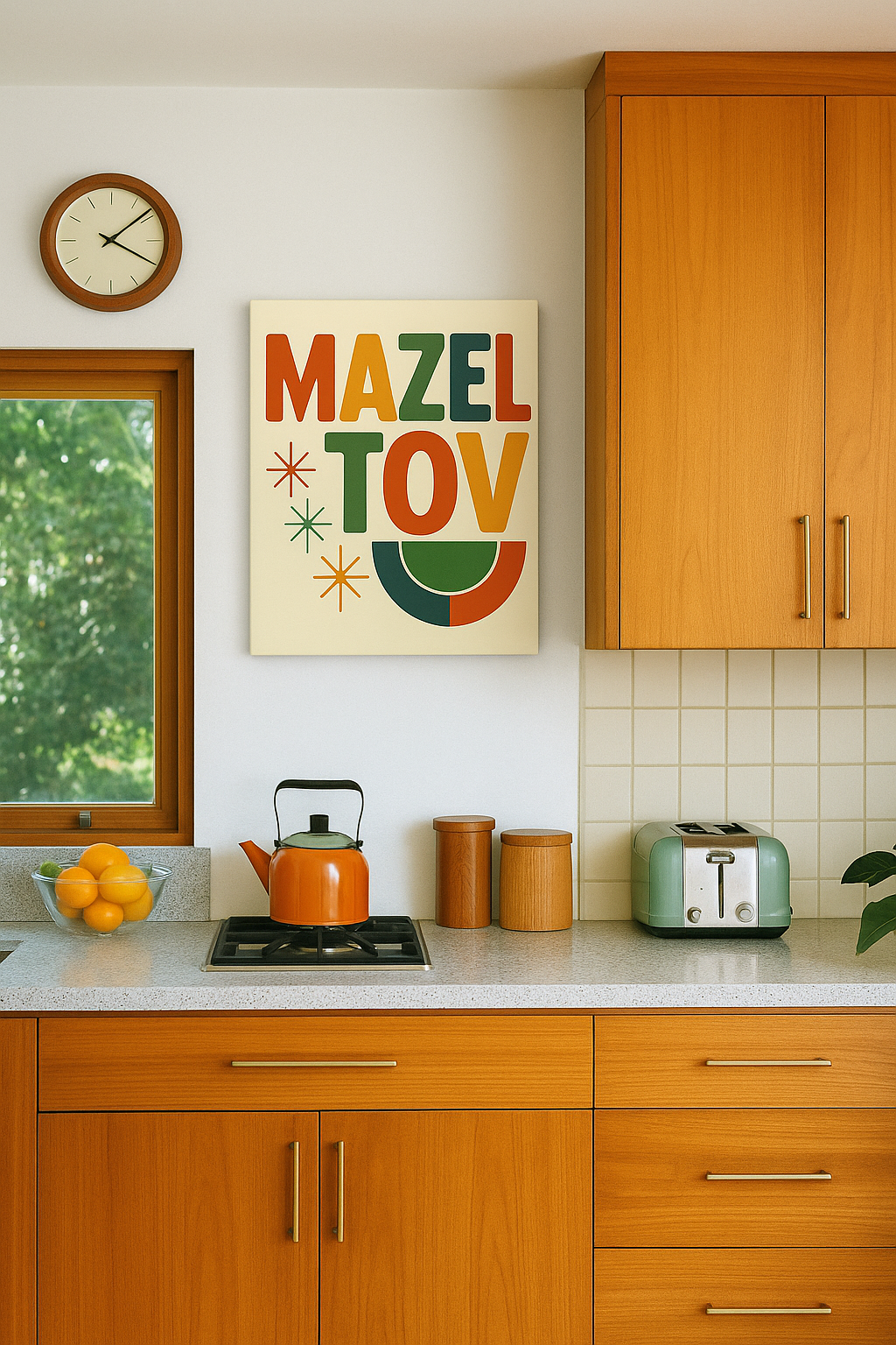 Kitchen with wooden cabinets, a stove, and a 'Mazel Tov' print on the wall.
