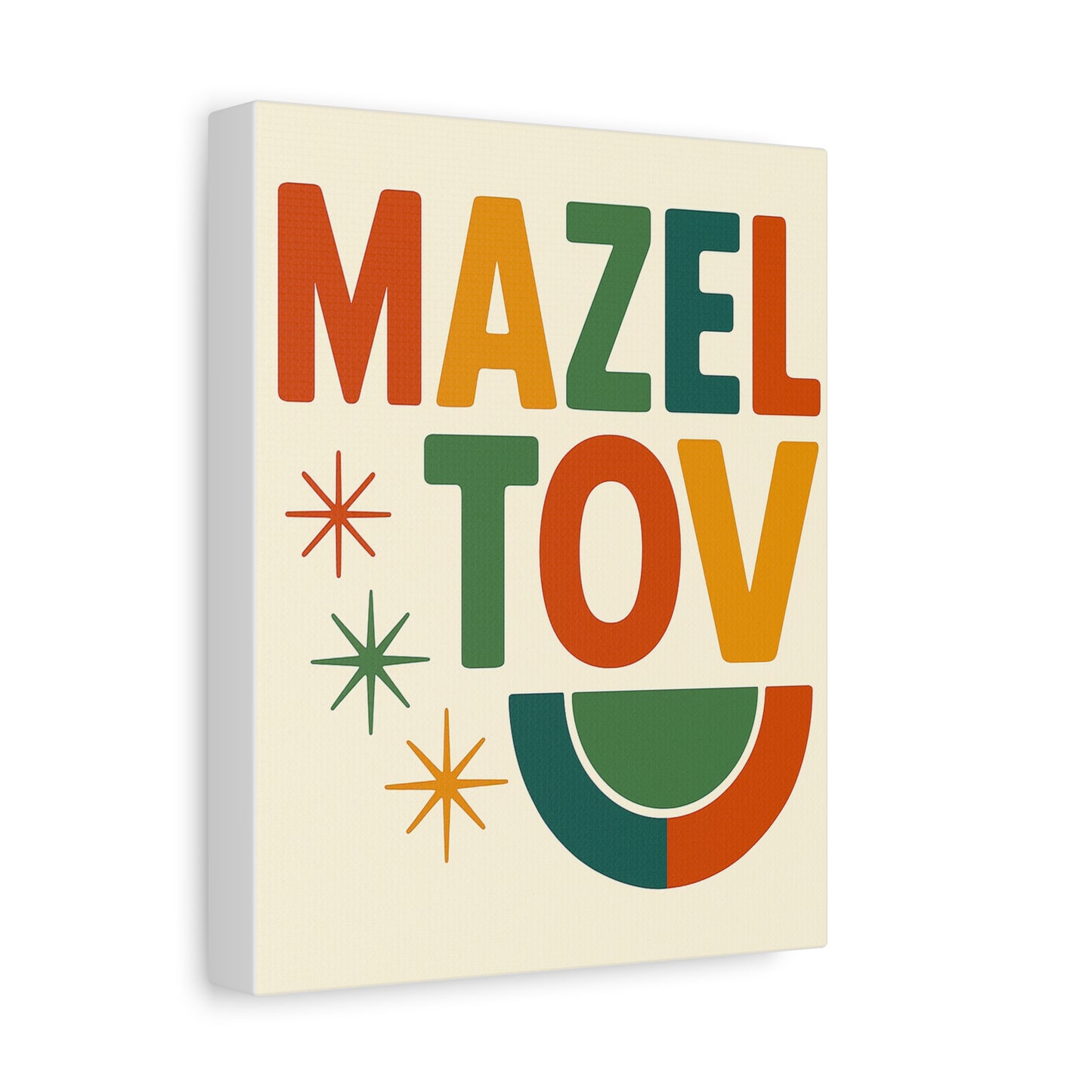 Canvas print with 'Mazel Tov' in colorful letters on a beige background