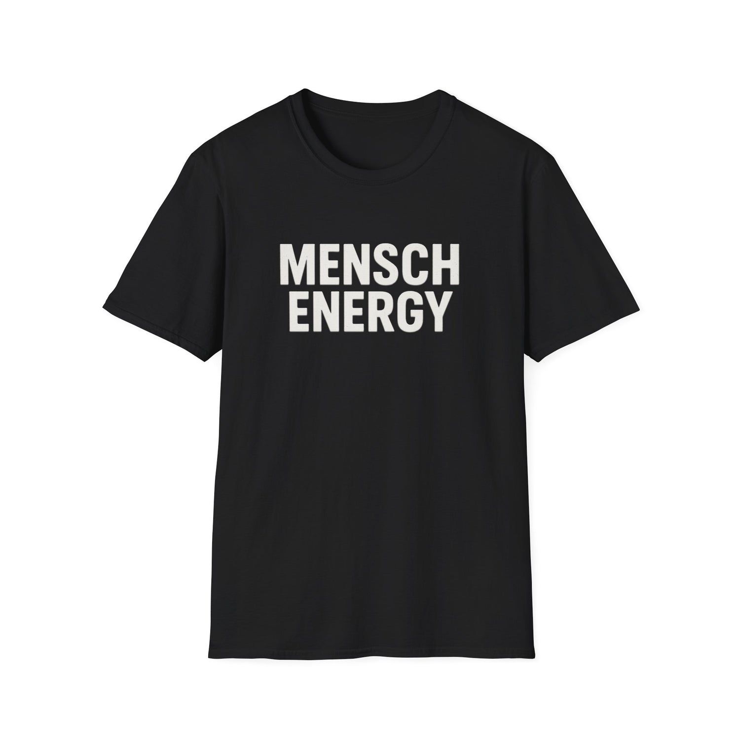 Black t-shirt with 'MENSCH ENERGY' text on a white background
