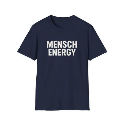 black t-shirt with 'MENSCH ENERGY' text on a white background
