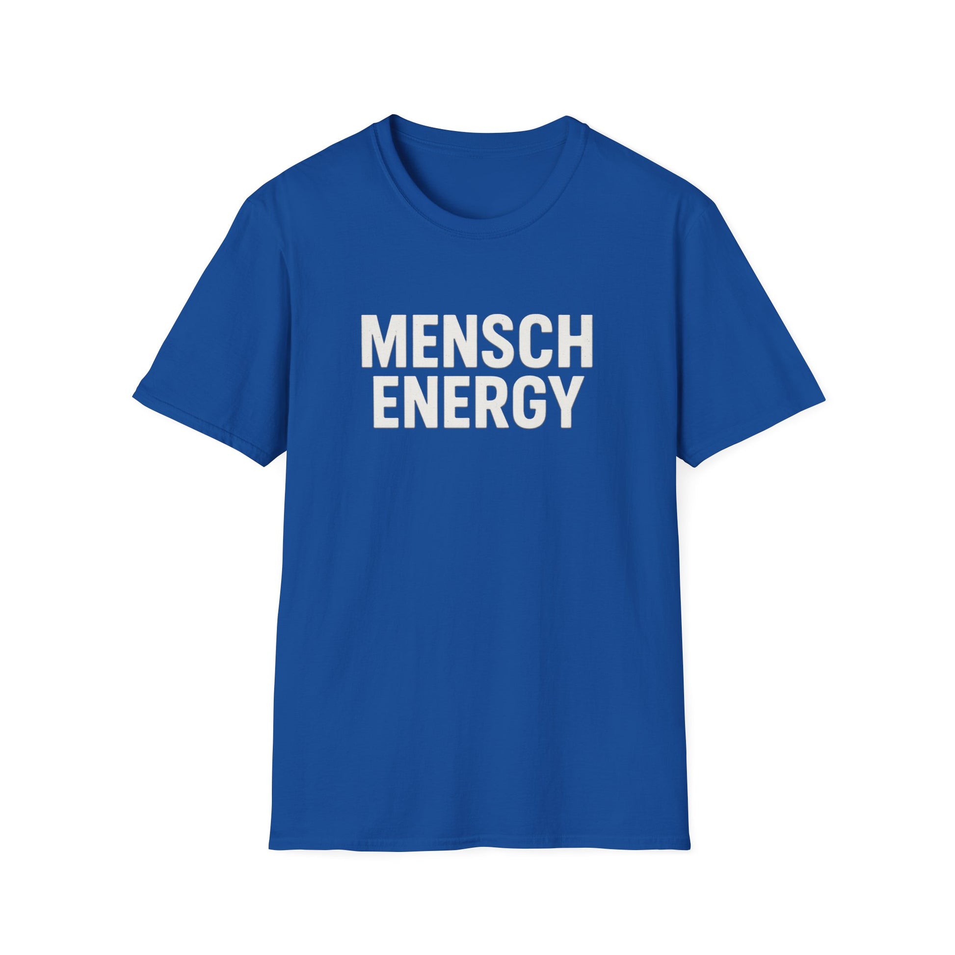 Blue t-shirt with 'MENSCH ENERGY' text on a white background