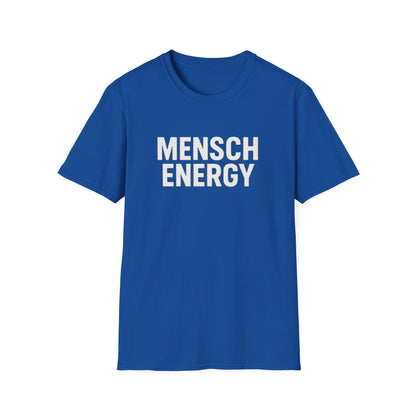 Blue t-shirt with 'MENSCH ENERGY' text on a white background