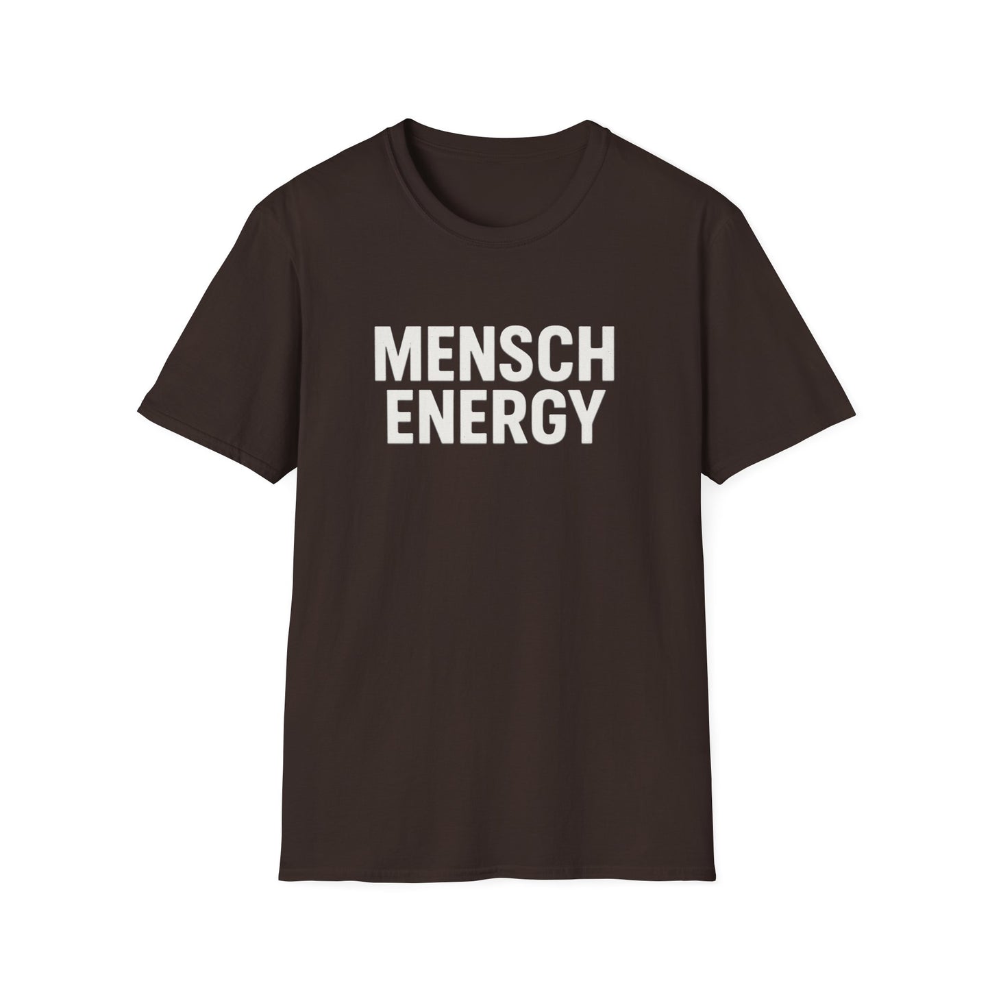 Brown t-shirt with 'MENSCH ENERGY' text on a white background