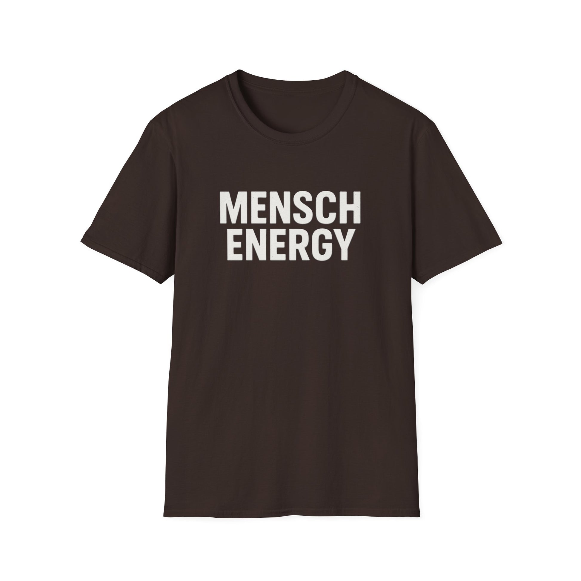 Brown t-shirt with 'MENSCH ENERGY' text on a white background