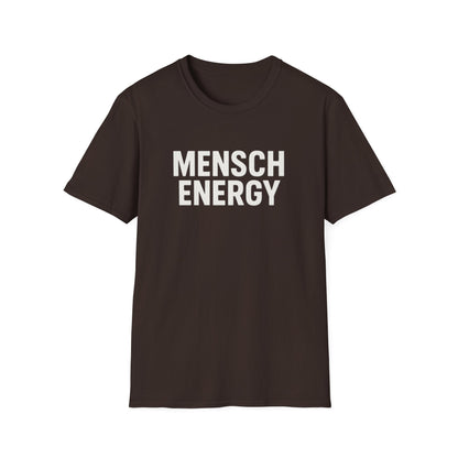 Brown t-shirt with 'MENSCH ENERGY' text on a white background
