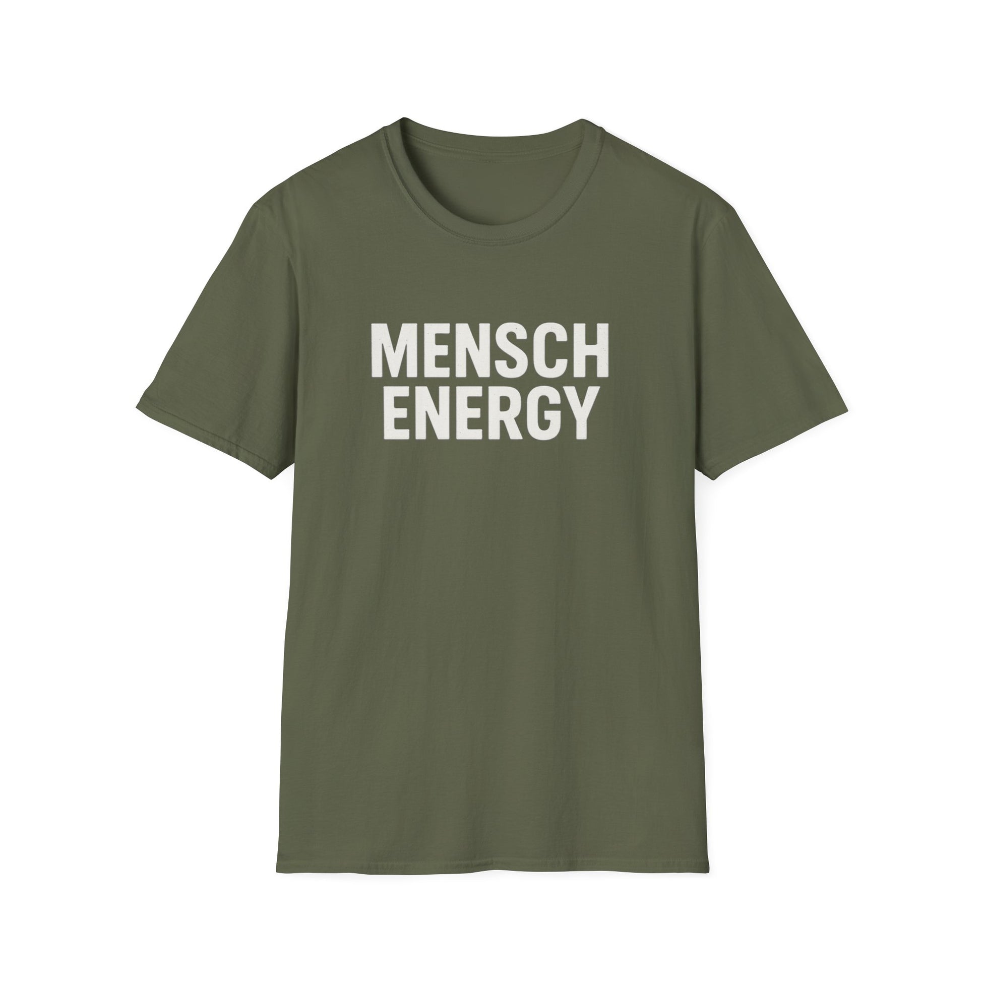 Green t-shirt with 'MENSCH ENERGY' text on a white background