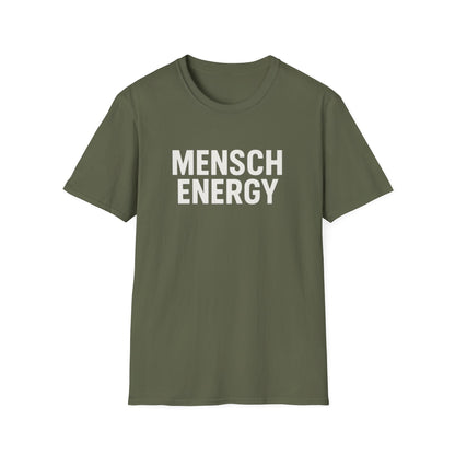 Green t-shirt with 'MENSCH ENERGY' text on a white background