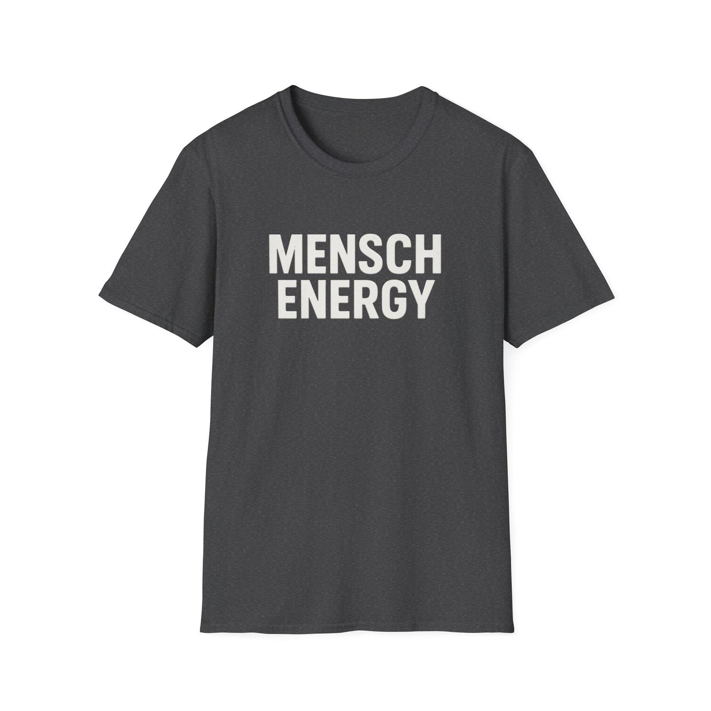 heather navy t-shirt with 'MENSCH ENERGY' text on a white background