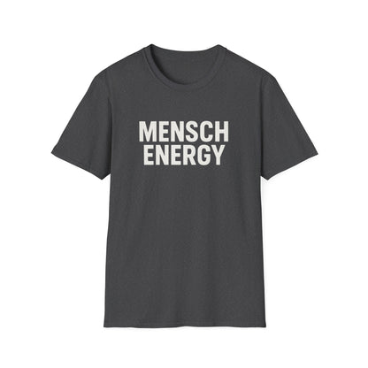 heather navy t-shirt with 'MENSCH ENERGY' text on a white background