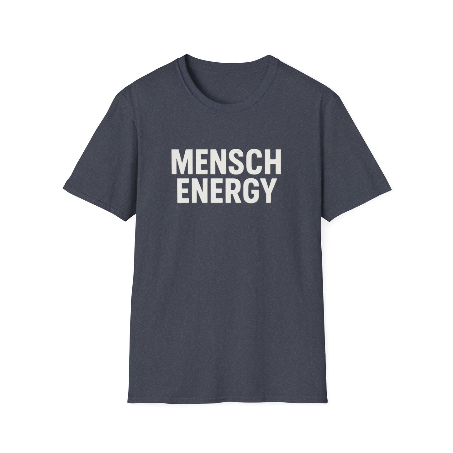 Navy blue t-shirt with 'MENSCH ENERGY' text on a white background